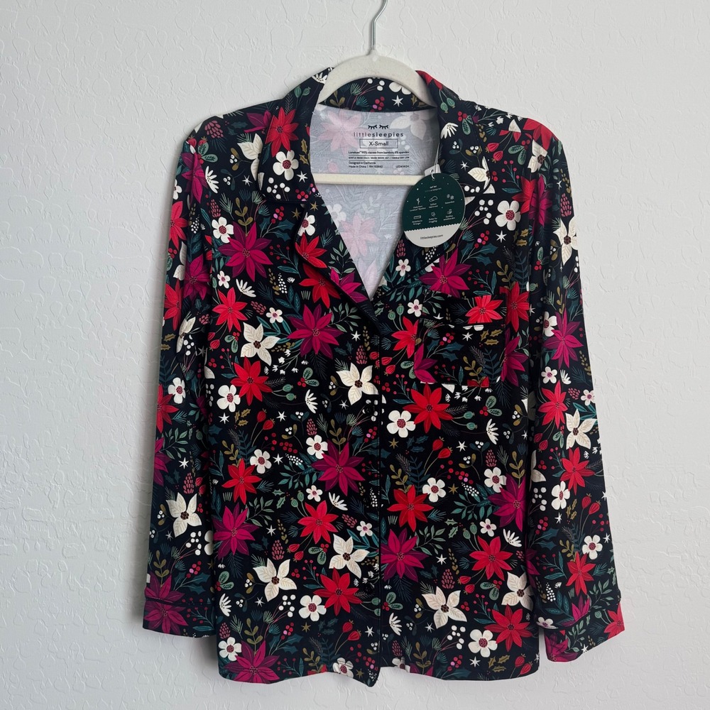 NWT Little Sleepies Berry Merry Bamboo Pajama Womens Top XS Holiday Floral Soft